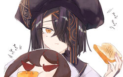 Rule 34 | 1girl, baguette, black hair, bread, bread slice, brown eyes, doll, eating, fate/grand order, fate (series), food, hair over one eye, hat, medium hair, mole, mole under eye, nono (011299), one eye covered, simple background, solo, toast, white background, xu fu (fate)