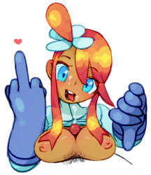 Rule 34 | artist request, blue eyes, blush, breasts, creatures (company), cum, dark skin, facial, game freak, gym leader, heart, large breasts, middle finger, nintendo, paizuri, penis, pokemon, red hair, skyla (pokemon), tagme, thumbs down, uncensored
