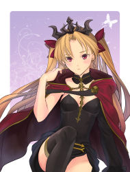 Rule 34 | 1girl, asymmetrical long sleeves, between breasts, black choker, black leotard, black thighhighs, blonde hair, border, bow, breasts, cape, choker, closed mouth, diadem, earrings, ereshkigal (fate), fate/grand order, fate (series), floating hair, frown, hair bow, hair intakes, highres, jewelry, leotard, long hair, looking at viewer, outside border, purple background, red bow, red cape, red eyes, ri-ko, single sleeve, sitting, small breasts, solo, strapless, strapless leotard, thighhighs, twintails, very long hair, white border