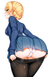 Rule 34 | 10s, 1girl, absurdres, ass, bent over, black pantyhose, blonde hair, blue eyes, blush, braid, breasts, clothes pull, darjeeling (girls und panzer), girls und panzer, has bad revision, has downscaled revision, highres, kyokucho, long hair, looking at viewer, looking back, looking down, md5 mismatch, panties, pantyhose, pantyhose pull, parted lips, pink panties, pulling own clothes, resolution mismatch, simple background, solo, source smaller, sweat, thighs, trefoil, underwear, white background