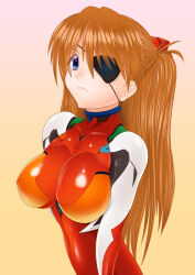 Rule 34 | 1girl, :&lt;, adapted costume, alternate breast size, blue eyes, blush, bodysuit, breast press, breasts, evangelion: 3.0 you can (not) redo, eyepatch, hair ornament, large breasts, lips, long hair, looking at viewer, neon genesis evangelion, pixiv1478062, plugsuit, rebuild of evangelion, red bodysuit, shiny clothes, shiny skin, simple background, skin tight, solo, souryuu asuka langley, tsundere, two side up, upper body, very long hair
