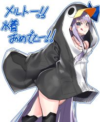 Rule 34 | 1girl, :q, absurdres, animal costume, animal hood, blue eyes, blue ribbon, bra strap, collarbone, fate/extra, fate/extra ccc, fate/grand order, fate (series), hair ribbon, highres, hood, hood up, hoodie, long hair, meltryllis (fate), meltryllis (swimsuit lancer) (first ascension) (fate), oversized clothes, penguin costume, purple hair, ribbon, simple background, sleeves past wrists, tongue, tongue out, very long hair, watosu (watosu mama), white background