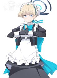 Rule 34 | 1girl, apron, doodle sensei (blue archive), black dress, black gloves, blonde hair, blue archive, blue bow, blue bowtie, blue eyes, blue ribbon, bow, bowtie, chest harness, closed mouth, dress, earpiece, fingerless gloves, frilled apron, frills, gloves, hair ribbon, halo, harness, highres, hokuto no ken, hoshino ouka, long sleeves, looking at viewer, maid, maid apron, palm-fist greeting, peroro (blue archive), pouch, ribbon, sensei (blue archive), short hair, simple background, sleeve cuffs, solo focus, toki (blue archive), white apron, white background