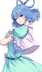 Rule 34 | 1girl, blue dress, blue eyes, blue hair, dress, frilled sleeves, frills, hair rings, highres, kaku seiga, looking at viewer, mirufui, puffy short sleeves, puffy sleeves, short hair, short sleeves, simple background, smile, solo, touhou, upper body, vest, white background, white vest
