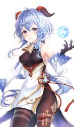 Rule 34 | 1girl, ahoge, bare shoulders, bell, blue gloves, blue hair, blush, bodystocking, bodysuit, breasts, brown legwear, chinese knot, detached sleeves, flower knot, ganyu (genshin impact), genshin impact, gloves, gold trim, groin, highres, horns, long hair, looking at viewer, medium breasts, neck bell, noz gen, open mouth, orb, purple eyes, sidelocks, solo, standing, tassel, thighlet, thighs, vision (genshin impact), white background, white sleeves