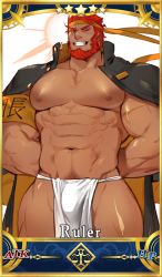 Rule 34 | 1boy, abs, arms behind back, bara, beard, bulge, cowboy shot, facial hair, fate/grand order, fate/zero, fate (series), fundoshi, gomtang, headband, iskandar (fate), jacket, jacket on shoulders, japanese clothes, large pectorals, looking at viewer, male focus, male underwear, muscular, navel, nipples, pectorals, red eyes, red hair, scar, servant card (fate/grand order), simple background, smile, solo, thighs, upper body, white male underwear