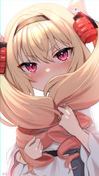 Rule 34 | 1girl, absurdres, belt, black belt, black hairband, blonde hair, blush, covered mouth, dress, embarrassed, frown, grenade hair ornament, hairband, hand in own hair, highres, ikine tomeru, indie virtual youtuber, long hair, long sleeves, looking at viewer, nose blush, shihoaitogi, solo, twintails, twitter username, virtual youtuber, white dress, wide sleeves