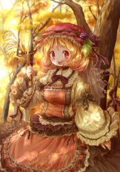 Rule 34 | 1girl, aki minoriko, apron, arinu, autumn, blonde hair, dappled sunlight, embellished costume, food, forest, frilled apron, frilled shirt, frilled skirt, frilled sleeves, frills, fruit, grapes, highres, long sleeves, looking at viewer, nature, open mouth, red eyes, shirt, skirt, smile, solo, sunlight, touhou, tree, wide sleeves