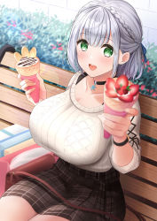 Rule 34 | 1girl, :d, bad id, bad pixiv id, bag, blush, breasts, brown skirt, commentary request, eyes visible through hair, food, green eyes, gurami (zl gmimo), highres, holding, holding food, hololive, huge breasts, ice cream cone, incoming food, long hair, on bench, open mouth, plaid, plaid skirt, plant, shirogane noel, shirogane noel (casual), short hair, shoulder bag, silver hair, sitting, skirt, smile, solo, sweater, virtual youtuber, white sweater
