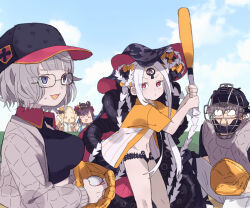 Rule 34 | 1boy, 4girls, ^ ^, abigail williams (fate), abigail williams (swimsuit foreigner) (fate), abigail williams (swimsuit foreigner) (first ascension) (fate), alternate costume, animal, animal on head, ball, baseball, baseball bat, baseball cap, baseball catchers mask, baseball glove, baseball jersey, batting stance, black hair, black shirt, blonde hair, blue sky, breasts, cheering, closed eyes, cloud, cloudy sky, colored skin, commentary request, crop top, dot mouth, dual persona, fate/grand order, fate/grand order arcade, fate (series), glasses, grey hair, grey jacket, grey skin, half-closed eyes, hands up, hat, holding, holding ball, holding baseball bat, jacket, jacques de molay (foreigner) (fate), jacques de molay (saber) (fate), jersey, katsushika hokusai (fate), katsushika hokusai (swimsuit saber) (fate), keyhole, large breasts, long hair, looking at another, moruka (karupattyo03), multiple girls, navel, nervous smile, on head, on one knee, opaque glasses, open clothes, open jacket, open shirt, outdoors, pants, parted bangs, purple eyes, quad tails, quilted jacket, red eyes, revealing clothes, ribs, shirt, short hair, short sleeves, skinny, sky, smile, standing, sweatdrop, tentacles, third eye, two-handed, v-shaped eyebrows, very long hair, wavy hair, white hair, white pants