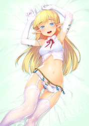 Rule 34 | 1girl, :d, armpits, arms up, bare shoulders, bikini, blonde hair, blue bikini, blue eyes, borrowed character, breasts, collared shirt, commentary request, crop top, elbow gloves, elf, elf no radral, garter belt, gloves, highres, long hair, looking at viewer, medium breasts, midriff, navel, neck ribbon, no pants, open mouth, original, pointy ears, radral, ribbon, see-through, shirt, sleeveless, sleeveless shirt, smile, solo, stomach, string bikini, swimsuit, thighhighs, white gloves, white shirt, white thighhighs