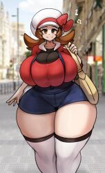 Rule 34 | 1girl, alternate breast size, bag, black shirt, blue shorts, blurry, blurry background, breasts, brown eyes, brown hair, bursting breasts, cleavage, collarbone, cowboy shot, creatures (company), curvy, day, deep skin, denim, denim shorts, female focus, game freak, gipehtyboo, handbag, highres, huge breasts, impossible clothes, looking at viewer, lyra (pokemon), matching hair/eyes, nintendo, outdoors, overall shorts, overalls, pokemon, pokemon hgss, red shirt, road, shiny skin, shirt, shorts, skin tight, skindentation, sky, solo, standing, street, thick thighs, thighhighs, thighs, walking, white thighhighs, wide hips, zettai ryouiki