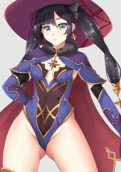 Rule 34 | 1girl, aqua eyes, black hair, blunt bangs, blush, breasts, cape, choker, commentary request, contrapposto, covered navel, earrings, elbow gloves, fur trim, genshin impact, gloves, gluteal fold, groin, hair ornament, hand on own hip, hat, highres, jewelry, leotard, long hair, looking at viewer, mona (genshin impact), red cape, sano souichi, see-through, see-through leotard, small breasts, solo, star (symbol), star earrings, swept bangs, thigh gap, twintails, two-sided cape, two-sided fabric, witch hat