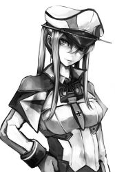 Rule 34 | 1girl, breasts, capelet, cross, graf zeppelin (kancolle), greyscale, hand on own hip, hat, hat over one eye, iron cross, kantai collection, kurou (bcrow), medium breasts, military, military hat, military uniform, monochrome, peaked cap, sidelocks, solo, uniform, upper body