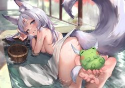 Rule 34 | 1girl, animal ear fluff, animal ears, ass, barefoot, bath, bathing, bathroom, blue eyes, breasts, cloudhorizonst, completely nude, convenient arm, convenient censoring, feet, feet up, fox ears, fox shadow puppet, fox tail, frog, from behind, grey hair, grin, hair ornament, hairclip, highres, indoors, kneeling, leaning forward, long hair, looking at viewer, looking back, nude, original, partially submerged, shadow puppet, sideboob, smile, soles, tail, thighs, toes, towel, virtual youtuber, water, window