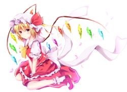 Rule 34 | 1girl, absurdres, ankle cuffs, ascot, blonde hair, blush, bow, crystal, flandre scarlet, from side, hat, hat ribbon, highres, huge filesize, hyurasan, kneeling, looking at viewer, mary janes, mob cap, puffy short sleeves, puffy sleeves, red eyes, red footwear, red ribbon, red shirt, red skirt, ribbon, shirt, shoes, short sleeves, side ponytail, sitting, skirt, skirt set, solo, touhou, v arms, wariza, white background, white bow, white ribbon, wings, wrist cuffs