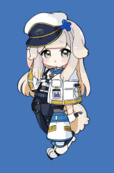 Rule 34 | 1girl, absurdres, animal ears, arm up, black pants, blue background, blush stickers, brown hair, capelet, chibi, commentary, full body, gloves, green eyes, grey hair, hat, highres, holding, holding megaphone, long hair, looking at viewer, megaphone, multicolored hair, nijisanji, nozo (hitomiz), pants, parted lips, paw shoes, peaked cap, shioriha ruri, shirt, shoes, simple background, solo, standing, tail, two-tone hair, very long hair, virtual youtuber, white capelet, white footwear, white gloves, white hat, white shirt
