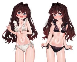 Rule 34 | 1girl, bare arms, bare shoulders, bikini, black bikini, blue eyes, breasts, brown hair, cleavage, closed mouth, collarbone, cowboy shot, elisia valfelto, frilled bikini, frills, gluteal fold, groin, hair intakes, highres, holding, long hair, looking at viewer, luicent, multiple views, navel, open mouth, original, side-tie bikini bottom, simple background, small breasts, standing, stomach, string bikini, swimsuit, thighs, v-shaped eyebrows, white background, white bikini