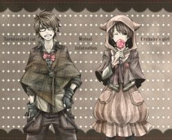 Rule 34 | blue eyes, bow, bowtie, brown hair, candy, dress, earrings, english text, fingerless gloves, food, formal, glasses, gloves, green eyes, grin, hand in pocket, hand on own hip, hip focus, hood, hoodie, jacket, jewelry, lollipop, original, poncho, short hair, smile, suit, wink