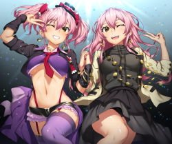 Rule 34 | 10s, 2girls, ;d, alternate hairstyle, bow, breasts, dual persona, gals rock ambivalence, gradient background, hair bow, hair down, hat, holding hands, idolmaster, idolmaster cinderella girls, jewelry, jougasaki mika, long hair, midriff, multiple girls, navel, necklace, neo-masterpeacer, one eye closed, open mouth, pink hair, smile, thighhighs, twintails, underboob, v, v over eye, yellow eyes
