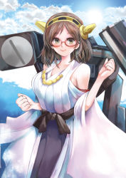 Rule 34 | 10s, 1girl, bare shoulders, black hair, blue sky, breasts, cannon, cloud, day, detached sleeves, glasses, green eyes, hairband, japanese clothes, kantai collection, kazaana, kirishima (kancolle), large breasts, nontraditional miko, personification, red-framed eyewear, short hair, skirt, sky, smile, solo, sun, turret