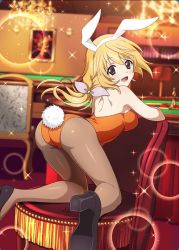 Rule 34 | 1girl, all fours, animal ears, artist request, ass, black footwear, blonde hair, breasts, brown pantyhose, chair, charlotte dunois, fake animal ears, high heels, infinite stratos, lens flare, leotard, long hair, looking at viewer, medium breasts, official art, orange leotard, pantyhose, playboy bunny, purple eyes, rabbit ears, rabbit tail, solo, table, tail, third-party source