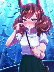Rule 34 | 1girl, animal ears, aquarium, between breasts, blush, breasts, brown eyes, casual, commentary request, dating, fingernails, hair ornament, highres, horse ears, horse girl, medium breasts, medium hair, mochitsuki wataame, nice nature (umamusume), open mouth, reaching, reaching towards viewer, solo, umamusume