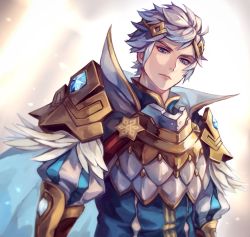 Rule 34 | 1boy, aokamei, armor, belt, closed mouth, commentary, english commentary, feathers, fire emblem, hair ornament, highres, hrid (fire emblem), male focus, multicolored hair, nintendo, puffy sleeves, silver hair, solo, standing