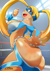 Rule 34 | 1girl, bare shoulders, bayeuxman, blonde hair, blue eyes, breasts, highres, long hair, mask, rainbow mika, shoulder cutout, slap mark, solo, spanked, spanking, street fighter, street fighter v, thumbs up, twintails, wrestling outfit