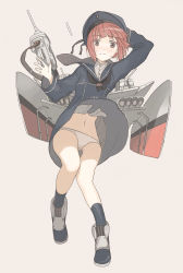 Rule 34 | !, 10s, 1girl, bad id, bad pixiv id, brown eyes, brown hair, dress, hat, highres, kantai collection, machinery, panties, sailor dress, sailor hat, short hair, simple background, solo, turret, underwear, yu-tan, z3 max schultz (kancolle)