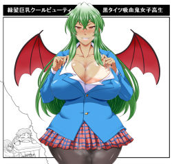 Rule 34 | 1girl, breasts, cleavage, demon girl, green hair, huge breasts, school uniform, tan, tanline, umetarou (shujinko kidori), vampire, wings