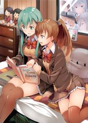 Rule 34 | 10s, 6+girls, admiral (kancolle), aqua eyes, aqua hair, blonde hair, blue eyes, bow, bowtie, breasts, brown hair, brown jacket, brown legwear, brown shorts, brown skirt, byte (allbyte), character doll, chest of drawers, epaulettes, frilled skirt, frills, hair ornament, hairclip, hamakaze (kancolle), hat, highres, indoors, jacket, kantai collection, kashima (kancolle), kumano (kancolle), long hair, long sleeves, looking inside, mattress, medium breasts, mikuma (kancolle), mogami (kancolle), multiple girls, on bed, one eye closed, peaked cap, photo (medium), pillow, pleated skirt, ponytail, prinz eugen (kancolle), reading, red bow, red bowtie, red shirt, remodel (kantai collection), rensouhou-chan, school uniform, serafuku, shirt, short hair, shorts, silver hair, sitting, skirt, suzuya (kancolle), thighhighs, twintails, white shirt, window