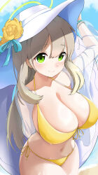 Rule 34 | 1girl, absurdres, arm behind back, bikini, blue archive, blush, breasts, cleavage, closed mouth, collarbone, cowboy shot, day, front-tie bikini top, front-tie top, green eyes, green halo, hair between eyes, halo, hat, highres, huge breasts, knbd, large breasts, light brown hair, long hair, looking at viewer, navel, nonomi (blue archive), nonomi (swimsuit) (blue archive), official alternate costume, outdoors, side-tie bikini bottom, smile, solo, swimsuit, water, white hat, yellow bikini