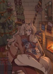 Rule 34 | 2girls, absurdres, animal ear fluff, animal ears, arknights, beeswax (arknights), blush, box, brown hair, cardigan (arknights), christmas, christmas sweater, christmas tree, collarbone, commentary, commission, dark-skinned female, dark skin, dog ears, dog girl, dog tail, english commentary, fireplace, functionally nude, gift, gift box, goat ears, goat girl, goat horns, hand on another&#039;s cheek, hand on another&#039;s face, heart, highres, horns, indoors, long hair, long sleeves, multiple girls, naked ribbon, nude, open mouth, purple eyes, ribbon, single off shoulder, tail, teeth, togekk0, upper teeth only, yuri