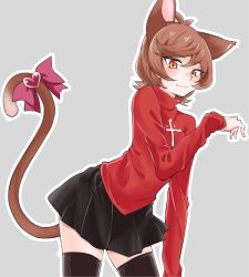 Rule 34 | 1girl, :|, alternate costume, black skirt, black thighhighs, blush, bow, brown eyes, brown hair, cat tail, closed mouth, cosplay, fang, fang out, fate/stay night, fate (series), kaya rio, looking at viewer, red sweater, short hair, skirt, solo, sweater, tail, tail bow, tail ornament, thighhighs, tohsaka rin, tohsaka rin (cosplay), yu-gi-oh!, yu-gi-oh! vrains, yuu-gi-ou, yuu-gi-ou vrains, zaizen aoi, zettai ryouiki