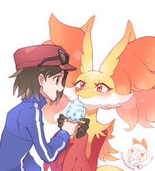 Rule 34 | 1boy, blue jacket, blush, calem (pokemon), commentary request, creatures (company), delphox, eye contact, eyewear on headwear, food, game freak, gen 6 pokemon, hand up, hat, highres, holding, ice cream, ice cream cone, jacket, long sleeves, looking at another, male focus, nintendo, open mouth, pokemon, pokemon (creature), pokemon xy, red hat, sunglasses, teeth, turtleneck, turtleneck jacket, upper teeth only, white background, yan531