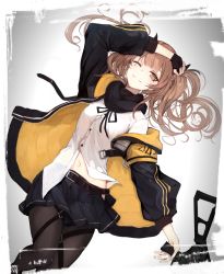Rule 34 | 1girl, arm up, belt, belt buckle, black belt, black bow, black gloves, black pantyhose, black ribbon, black skirt, bow, breasts, brown eyes, brown hair, buckle, closed mouth, dress shirt, dutch angle, fingerless gloves, full body, girls&#039; frontline, gloves, gun, h&amp;k ump, h&amp;k ump, hair bow, highres, holding, holding gun, holding weapon, hood, hood down, hooded jacket, jacket, long hair, long sleeves, looking at viewer, lumo 1121, lying, name connection, navel, neck ribbon, object namesake, on back, one eye closed, one side up, open clothes, open jacket, pantyhose, pleated skirt, puffy long sleeves, puffy sleeves, ribbon, shirt, skirt, small breasts, smile, solo, ump9 (girls&#039; frontline), weapon, white shirt