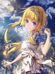 Rule 34 | 1girl, alice zuberg, apron, aura, blonde hair, blue dress, blue eyes, blue sky, closed mouth, cloud, commentary request, dress, floating hair, hairband, highres, lens flare, long hair, looking at viewer, nolmo, ribbon, short sleeves, sky, smile, solo, standing, sword art online, tree