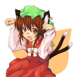 Rule 34 | 1girl, animal ears, brown eyes, brown hair, cat ears, cat girl, cat tail, chen, earrings, fang, female focus, hat, jewelry, multiple tails, paw pose, short hair, skirt, solo, ta ki, tail, touhou, white background