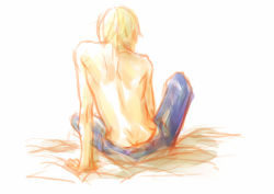 Rule 34 | 00s, 1boy, back, blonde hair, fai d. flowright, male focus, topless male, solo, tsubasa chronicle, white background