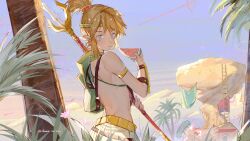 Rule 34 | 1boy, absurdres, akihare, arm guards, armlet, artist name, blonde hair, blue eyes, collar, commentary, day, desert voe set (zelda), detached sleeves, earrings, eating, food, fruit, hand up, headband, high ponytail, highres, holding, holding food, holding polearm, holding trident, holding weapon, hoop earrings, house, jewelry, ladder, link, mountainous horizon, nintendo, no shirt, outdoors, palm tree, pointy ears, polearm, ponytail, sidelocks, single sleeve, sky, solo, symbol-only commentary, tent, the legend of zelda, the legend of zelda: breath of the wild, tree, trident, upper body, watermelon, watermelon slice, weapon