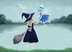 Rule 34 | 2girls, bad id, bad pixiv id, barefoot, blonde hair, blue hair, bow, broom, cirno, dress, female focus, hair ribbon, holding hands, hat, hat ribbon, kirisame marisa, lake, landscape, multiple girls, natsume (menthol), natsume (pixiv), ribbon, scenery, embodiment of scarlet devil, touhou, wading, water, wings, witch, witch hat