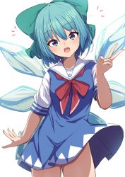 Rule 34 | 1girl, absurdres, adapted costume, blue dress, blue eyes, blue hair, blush, bow, cirno, collarbone, cowboy shot, darumoon, dress, fairy, green bow, hair between eyes, hair bow, highres, ice, ice wings, open mouth, sailor collar, sailor dress, short hair, short sleeves, simple background, solo, touhou, v, white background, white sailor collar, wings