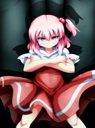 Rule 34 | 1girl, bad id, bad pixiv id, crossed arms, dress, grey background, gurahatto, hair bobbles, hair ornament, looking at viewer, pink eyes, pink hair, sara (touhou), shadow, short hair, short sleeves, side ponytail, smile, solo, touhou, touhou (pc-98)
