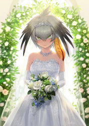 Rule 34 | 1girl, alternate costume, bare shoulders, blurry, blurry background, blush, bouquet, bridal veil, bride, dress, earrings, elbow gloves, flower, gloves, green eyes, grey hair, guchico, hair between eyes, hair ornament, hairclip, head wings, holding, holding bouquet, japari symbol, jewelry, kemono friends, looking at viewer, multicolored hair, necklace, orange hair, shoebill (kemono friends), short hair, signature, single sidelock, solo, strapless, tiara, tsurime, two-tone hair, v-shaped eyebrows, veil, wedding dress, white dress, white gloves, wings