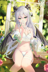 Rule 34 | 1girl, absurdres, bare shoulders, blurry, bokeh, bra, breasts, covering own mouth, demon girl, demon horns, demon wings, depth of field, detached sleeves, flower, green eyes, hair bun, highres, holding, horns, lingerie, long hair, looking at viewer, multi-strapped panties, navel, off shoulder, omelet tomato, original, panties, see-through, see-through sleeves, sitting, small breasts, solo, stomach, string panties, thigh strap, thighs, underwear, underwear only, very long hair, white bra, white flower, white hair, white panties, wings