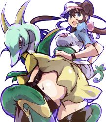 Rule 34 | 1girl, ass, bad id, bad twitter id, black thighhighs, blue eyes, blue sleeves, brown hair, commentary, creatures (company), double bun, game freak, garter straps, gen 5 pokemon, hair bun, hands on own hips, hat, kamisimo 90, long hair, looking at viewer, nintendo, open mouth, poke ball print, pokemon, pokemon (creature), pokemon bw2, print shirt, raglan sleeves, rosa (pokemon), servine, shirt, shorts, standing, thighhighs, twintails, visor cap, white background, yellow shorts