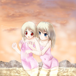 Rule 34 | 2girls, blonde hair, blue eyes, blush, grabbing another&#039;s breast, breasts, cloud, flat chest, grabbing, multiple girls, naked towel, onsen, open mouth, outdoors, red eyes, small breasts, smile, standing, submerged, towel, water, wet, yuri