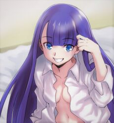 Rule 34 | 1girl, aoba (smartbeat), blue eyes, breasts, collarbone, collared shirt, dress shirt, fate/grand order, fate (series), grin, long hair, long sleeves, looking at viewer, martha (fate), medium breasts, navel, open clothes, open shirt, purple hair, shirt, smile, solo, white shirt