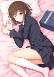 Rule 34 | 1girl, ;o, bag, bed sheet, black jacket, black skirt, blazer, blush, bow, bowtie, brown eyes, brown hair, collared shirt, commentary request, fingernails, hair between eyes, jacket, kneehighs, long sleeves, looking at viewer, lying, nakamura sumikage, no shoes, on side, one eye closed, original, parted lips, pillow, pleated skirt, red bow, red bowtie, school bag, school uniform, shirt, skirt, socks, solo, white shirt, white socks